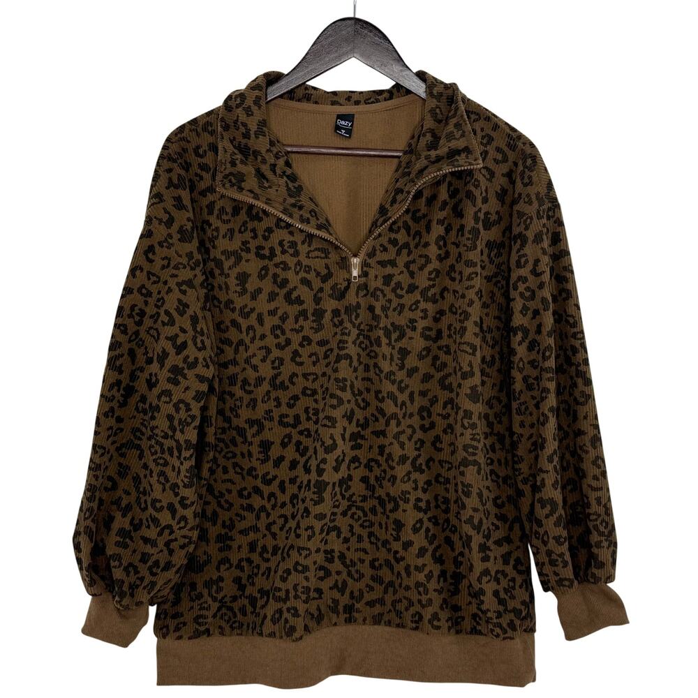 DAZY Leopard Print Quarter Zip Sweatshirt Women's M Cozy Pullover